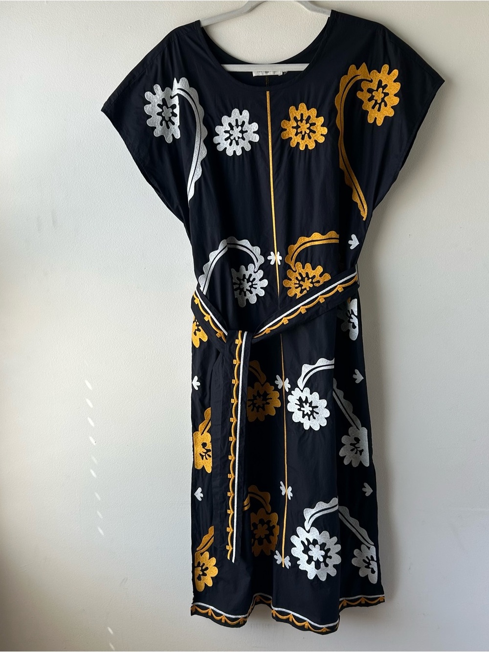 Tory Burch Embroidered Cotton Poplin Caftan Midi Dress Floral Black Gold White M - Picture 6 of 15